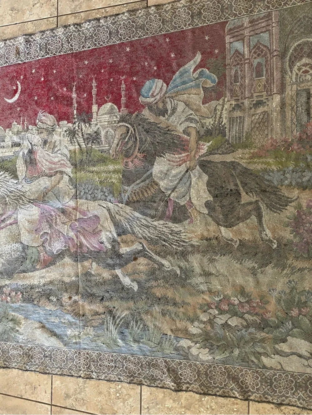 Vintage Arabian Nights Velvet Pictorial Tapestry Wall Hanging Rug Large 68”x46”